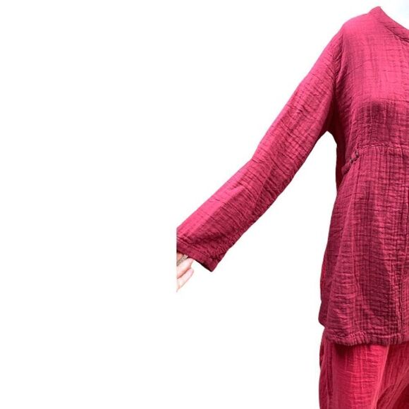 Kleen Thick Rumpled Cotton Lagenlook Multi Pink Button Down Tunic Maxi Skirt Set - Picture 5 of 11